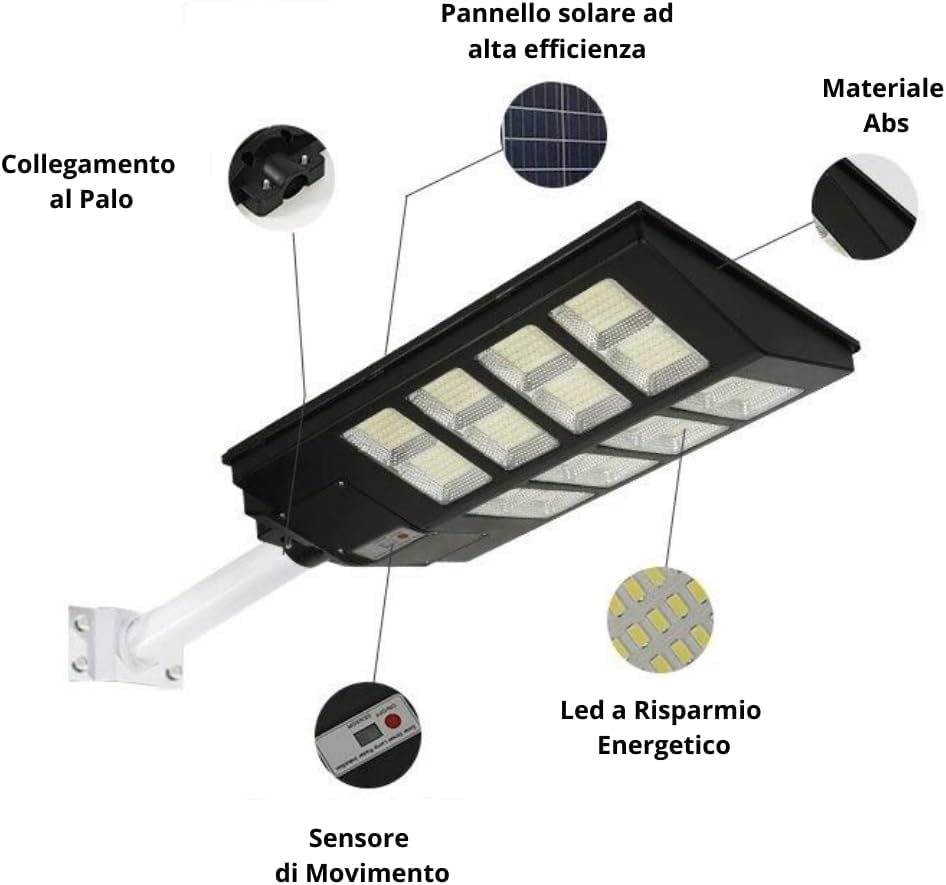 Lampione Solare LED 800W da Esterno con Telecomando e Sensore di Movimento – Impermeabile IP65, 672 LED Ultra Luminosi, Pannello Solare Alta Efficienza per Giardino o Cortile