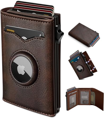Image of miyozi Airtag Wallet for Men,with Cash Pocket 2 ID Window 9-12 Cards,Metal Case Smart Slim Pop Up Credit Card Holder Flip with Magnetic Closure RFID Blocking Trifold wallet with Gift Box