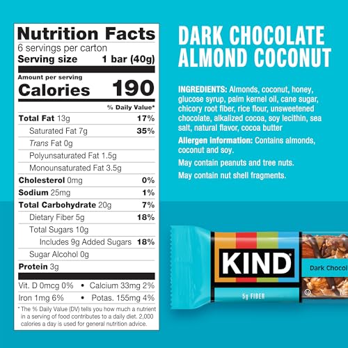 Image of KIND Healthy Snacks Bars, Dark Chocolate Almond Coconut, Gluten Free, High Fiber Snacks, 3g Protein, 6 Count