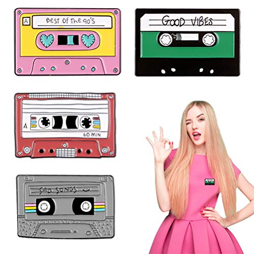 Moggem Cute Brooch Pin, 4PCS Cassette Magnetic Tape Brooch Pin, Cartoon Brooch Pin Badges Vintage Brooch for Clothing Bags Jackets Accessory DIY Crafts Daily Decorations