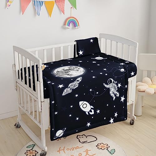 Image of Crib Bedding Set, 3-Piece Nursery Bedding with Comforter, Sheet & Skirt - Rocket Astronaut Moon Printed - Black