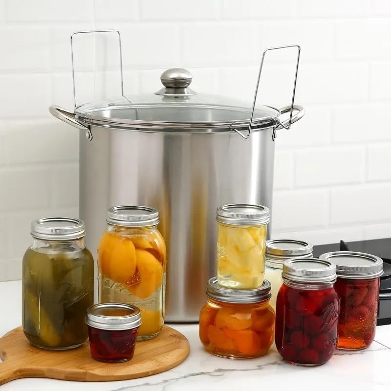 Stainless Steel Water Bath Canning Pot, 21.5 Quart, with Rack and Tempered Glass Lid, Holds 8 Pint or 5 Quart Jars