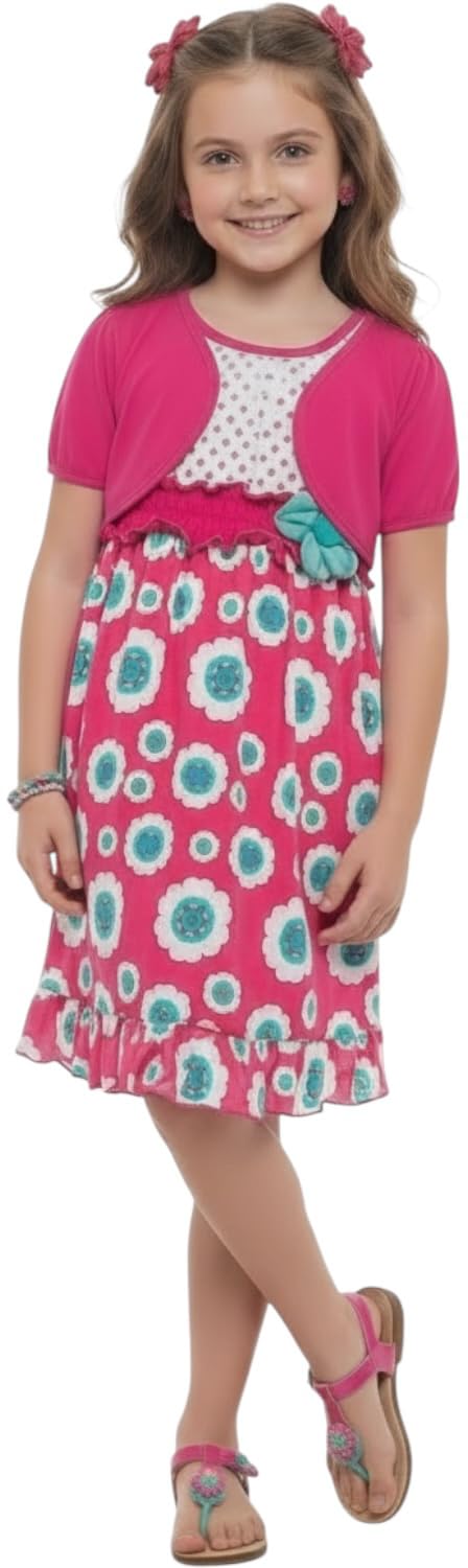 ToBeInStyle Girls Two Piece Short Sleeve Dress and Matching Bolero Crop Cardigan Assorted Prints Cotton Blend Summer Outfit