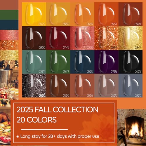 Image of modelones 24PCS Fall Gel Nail Polish Kit, Red Brown Green Yellow Orange Gel Polish Set Soak Off Nail Polish Kit with Glitter, Glossy and Matte Top Base Coat DIY Manicure at Home