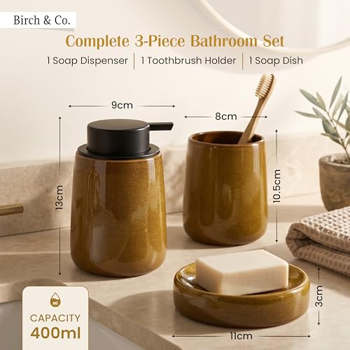 Image of Birch & Co. Premium Handwash Dispenser - Liquid Soap Dispenser for Wash Basin - Ceramic Soap Dispenser - 400 ml Soap Dispenser, Toothbrush Holder & Soap Dish, Modern Countertop Organizer,HoneyBrown