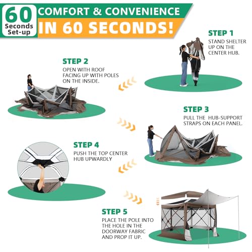 Image of COBIZI Pop Up Gazebo Screen Tent Screen House for Camping, 12x12 Screen Room with Mosquito Netting, Hub Tent Instant Screened Canopy with Carrying Bag and Ground Stakes, Brown