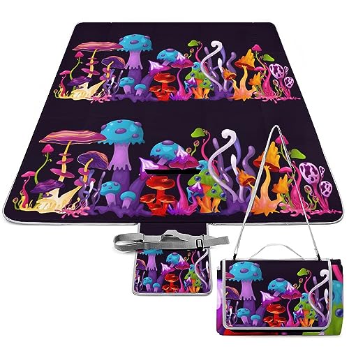 Psychedelic-Mushrooms-Black Picnic Blanket Waterproof Foldable, Large Outdoor Picnic Blanket Beach Blankets Camping Blanket Travel Mat, Shoulder Strap Tote, Rectangle 58x58in