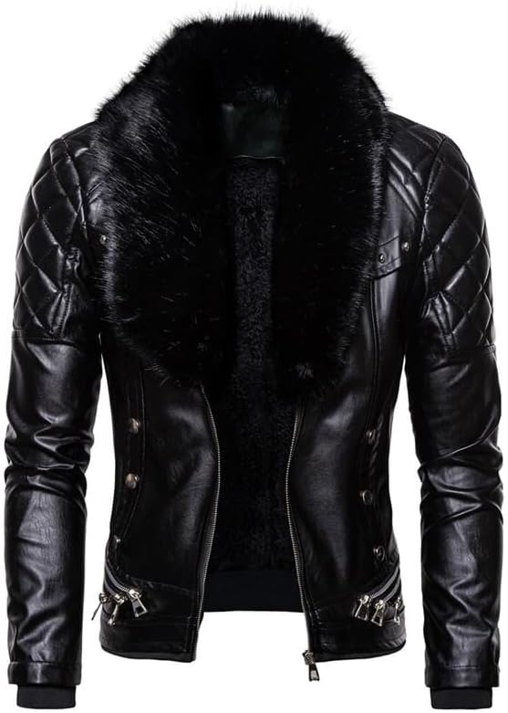 Men's Zipper Removable Fur Collar Jacket,Leather Vintage Steam Pocket Punk Gothic Retro Coat Biker PU Jackets