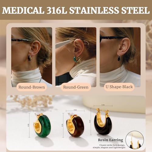 Image of Fullpop Vintage Earrings for Women, Chunky 14K Gold Plated Resin Hoop Earrings Lightweight Hollow Drop Earrings Hypoallergenic Earrings for Women Vintage Anthropologie Jewelry Gifts for Women