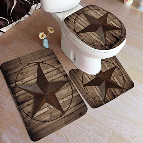Minxiang Western Texas Star on Rustic Wooden Door Bath Rugs Non-Slip Washable Mats for Tub U-Shaped Toilet Floor Mats &Toilet Lid Cover