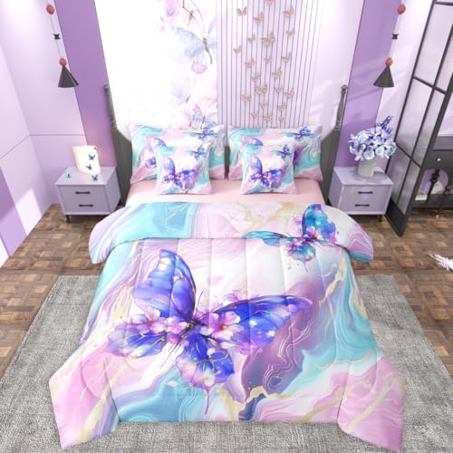 Image of Floral Marble Butterfly 7 Pcs Bedding Set King,Purple Blue Tie Dye Bed in a Bag,Elegant Marble Texture Bed Set Includes Comforter,Sheet Set,Pillowcases & Pillow Covers,Modern Aesthetic Bedroom Decor