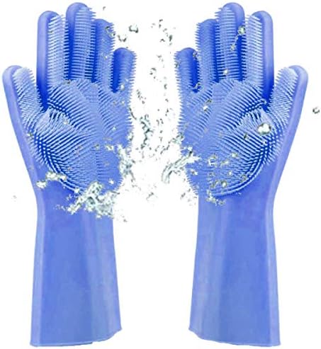 Magic Dishwashing Gloves Silicone Cleaning Scrubber Rubber Heat Resistant Reusable Silicone Gloves for Washing Dish Kitchen Bathroom Sponge Gloves with Bristles 2PCS