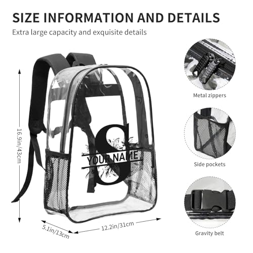 Personalized Clear Backpack for Women Men, Custom Transparent Backpacks with Name Text Photo, PVC Adjustable See Through Bag Suitable for Travel Work3