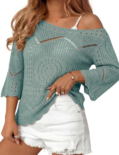 Image of Rapbin Womens Crochet Hollow Out Knit Tops 3 /4 Sleeve Spring Summer Sweaters Beach Cover Ups for Women Trendy 2026