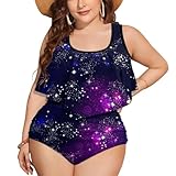 Women's Two Piece High Waist Swimwear Tummy Control Swimsuits for Women Ruffled Flounce Bikini Top Tankini Bathing Suits (Space Galaxy Constellation Zodiac Star Purple Blue, 2XL)