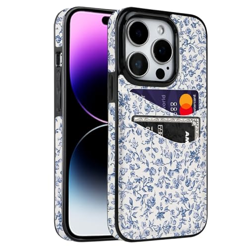Obbii for iPhone 14 Pro 6.1 inch Case with Card Holder Soft Leather Wallet Case Protective Shockproof Hard Cover for Women Girls (Blue Floral Flower)