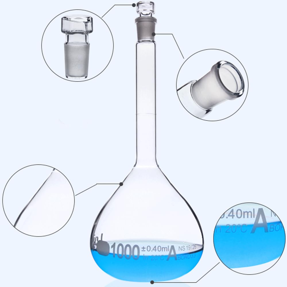 Matraz aforado de borosilicato, Matraz volumétrico graduado de 5, 10, 20, 25, 50, 100, 200, 250, 500 ml, for experimentos de laboratorio con tapón.(5ml 2 PCS)
