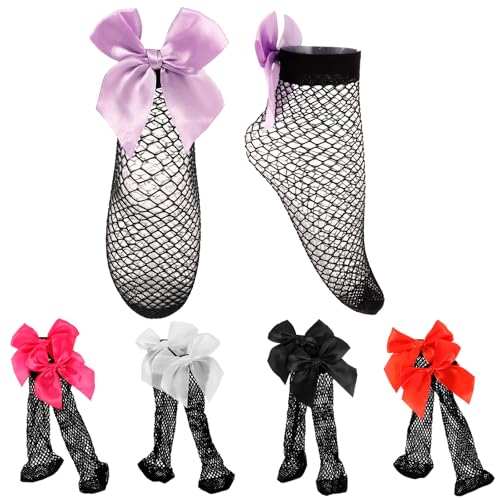 Amosfun 5 Pairs Japanese Fishnet Ankle Socks with Bowknots – Elastic Non-Slip Short Socks in Black, White, Red, Purple and Rose