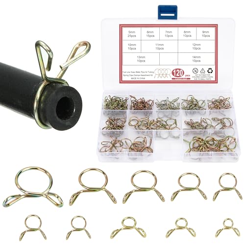 Morsetti Clip per Tubo Flessibile per Carburante, 120 Pezzi 5-14mm Morsetto a Molla Fascette Clip a Singolo Filo, Fascette per Tubi Benzina, Aria e Acqua (10 Taglie)
