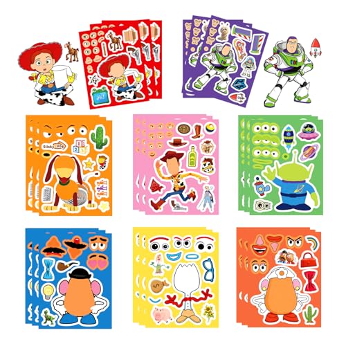 24pcs Make a face Toy Story Stickers Make Your Own Stickers Mixed & Matched with 8 Designed Characters(3 of Each) for Party Favors Supplies Reward Decor Gift Idea