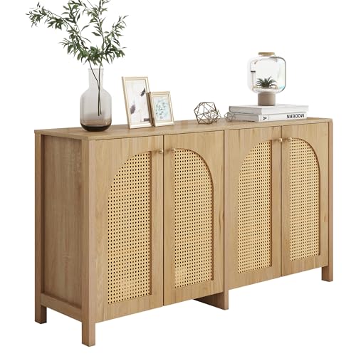 Coolywood Aparador minimalista moderno con 4 puertas de ratán y tirador de metal, para cocina, salón, comedor, 140 cm (madera natural)