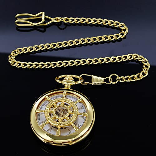 Image of Men's Mechanical Hollow Design Hand Wind Pocket Watch Roman Numerals Steampunk with Chain Box