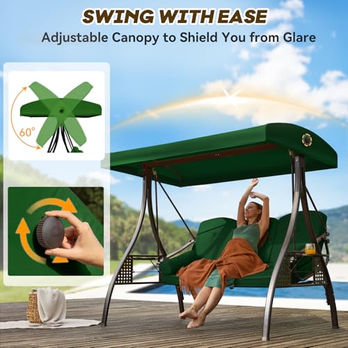 Image of 3 in 1 Outdoor Porch Swing with Adjustable Canopy, 3 Seat Outdoor Swing for Adults, Patio Swing Chair with Thickened Cushions,Pillows & Cup Holders for Backyard, Porch, Garden (Green)
