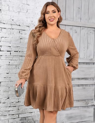Image of Women's Plus Size Casual Sweater Dress Square Neck Long Lantern Sleeve Tie Waist Loose Pullover Sweater Dresses