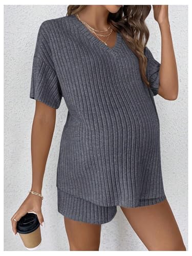 Image of MakeMeChic Women's Maternity 2 Piece Outfits Summer Short Sleeve Rib Knit Tee Top and Short Lounge Sets Clothes