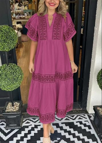 Image of chouyatou Women's Summer Printed Floral Dress Casual Notch Neck Cotton Midi Long Mexican Tunic Dress