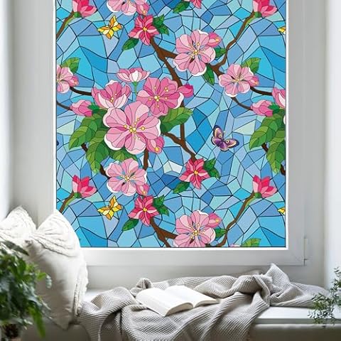 MSUP Window Film Privacy Floral Patterned Static Cling Decorative Film Stained Glass Window Film Frosted Window Film Removable No-Glue Films Vinyl for Kitchen, Bathroom (02, 35.4" x 78.7") Cover