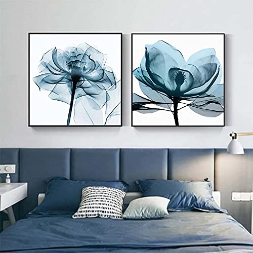 Affiche murale fleur bleue nordique lot de 2 toiles carrées 50x50cm pour salon
