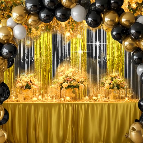 Image of 4 Packs Black and Gold Foil Fringe Curtain, Black Gold Metallic Tinsel Backdrop for Birthday, Wedding, Graduation Decorations 2025, Anniversary, Retirement Party Decorations Supplies