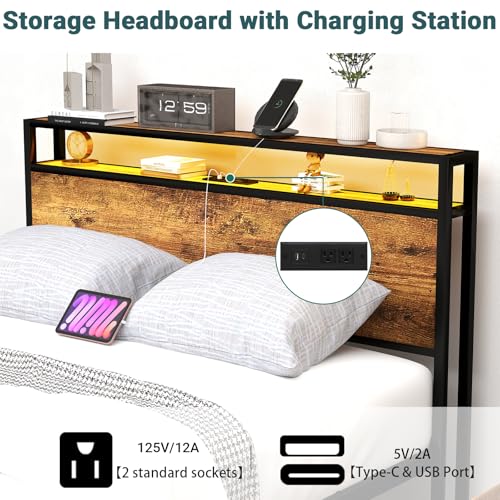 Queen Bed Frame with 8 Storage Drawers, Queen Metal Bed Frame with LED Light and Charging Station, Heavy Duty Metal Slats, No Box Spring Needed, Rustic Brown - Image 4