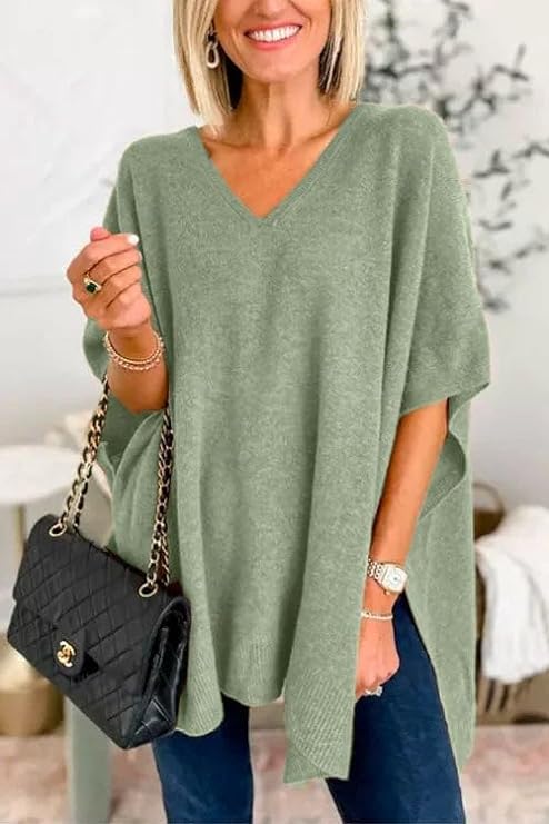 Apvirdy Womens Short Sleeve Sweater Poncho Sweaters V-Neck Pullover Shawl Loose Fitting Ponchos Wraps Baggy Oversized Tops2
