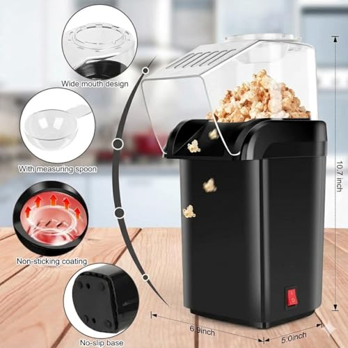 Image of Playpulse (𝟏𝟎 𝐘𝐄𝐀𝐑 𝐖𝐀𝐑𝐑𝐀𝐍𝐓𝐘) 1200W Instant Electric Hot Air Popcorn Popper Oil-Free Healthy Snack Maker for Home, Kids & Adults, Quick Heating for Movie Nights At Home & Parties-BLACK