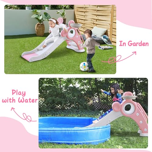 YOLEO Rutsche, Kinder Fun-Slide mit Basketballkorb, Faltbar Kinderrutsche, Gartenrutsche Kleinkinderrutsche für 1-3 Jahre, Indoor & Outdoor Rutschbahn mit Rutschauslauf (Rosa)