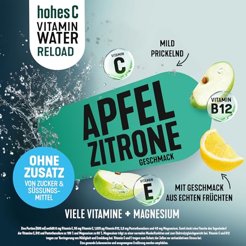 hohes C Vitamin Water Reload Apfel & Zitrone (6 x 750ml), Magnesium für die Muskeln, Vitamin C & B12 für mehr Energie + Vitamin E, nur 6kcal/100ml, ohne Zuckerzusatz & Süßungsmittel, vegan