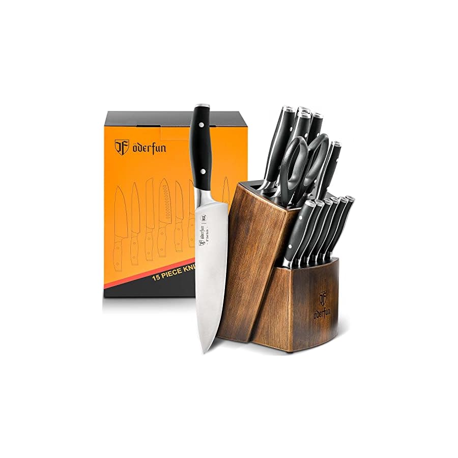 Knife-Set-with-Block-ODERFUN-15-Pcs-14116-German-Steel-Kitchen-Knife-Set-Ultra-Sharp-Knives-Set-for-Kitchen-with-Knife-Sharpener-Ergonomic-Handle-Full-Tang-Forged-with-NSF-Certified ODERFUN Kitchen Knife Set with Block, 15PCS Full Tang Knife Block Set, High Carbon Stainless Steel Knife Set with Built-in Sharpener, Professional Knives Set for Kitchen with Gift Box