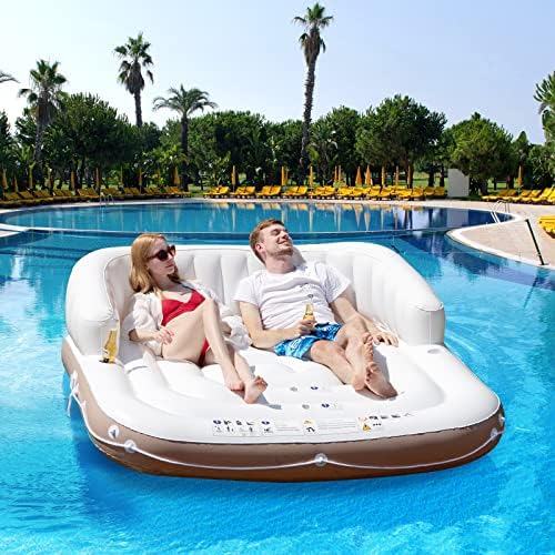 FANTASK Luxus-Inselbett XXL, Aufblasbare Schwimminsel mit einziehbarer & Abnehmbarer Überdachung, Badeinsel mit 2 Getränkehaltern 180 x180 x160 cm, Weiß, Braun, Silber