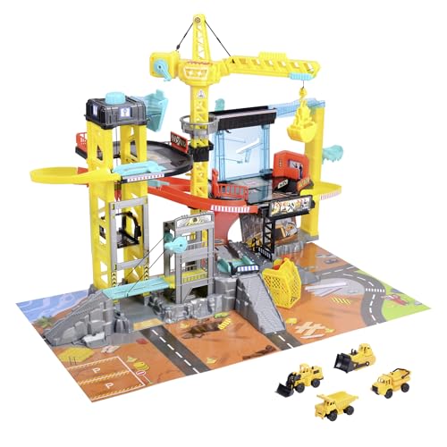 Dickie Toys - Baustellen Spielzeug - großes Construction Spiel-Set mit Kran, 4 Baustellenfahrzeuge, Licht, Sound, Zubehör und vielen Funktionen, Kinder Baustelle ab 3 Jahre, 79x52x42 cm
