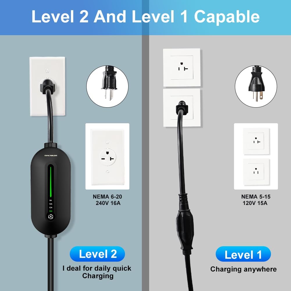 Level 1&2 EV Charger, Electric Vehicle Portable Charger, 8-16A Adjustable,with 25FT Cable, 110V-240V J1772 Electric Cars,NEMA 6-20 & NEMA 5-15 Plug, 3.84KW, IP66 Waterproof (Black) - Image 4