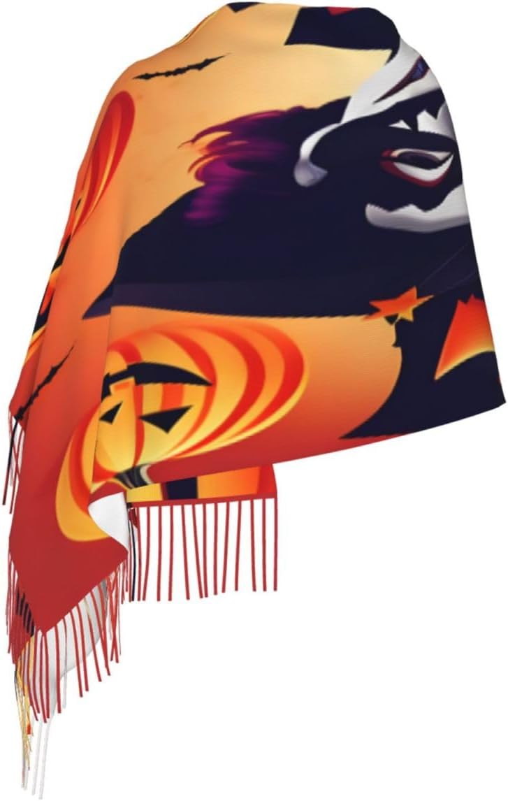 Happy Halloween Print Polyester Fringed Scarf 77x27 Inch Cozy Stylish Shawl Scarfs With Fringe For Fall, Winter Spring