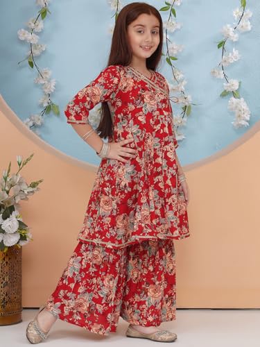 Image of Preneum Girls's Cotton Rayon Gota Pati Floral Printed Angrakha Kurta with Sharara