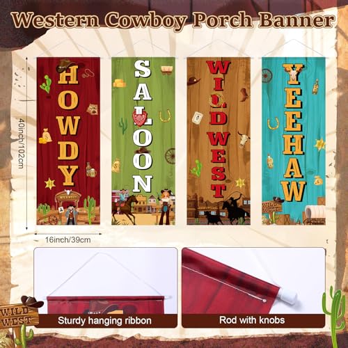 Image of Panelee 4 Pcs Western Cowboy Party Decorations Wild West Porch Banner Hanging Backdrop for Rodeo Cowboy Birthday Baby Shower Door Wall Indoor Outdoor Wedding Decor