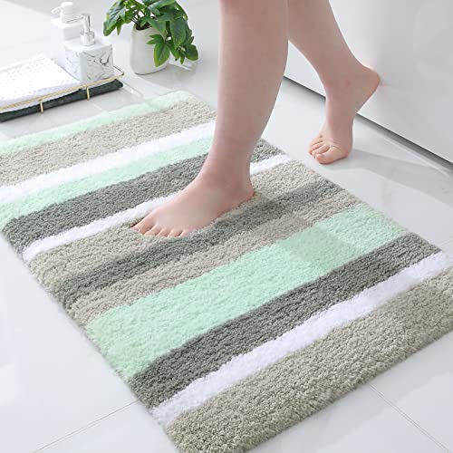 Buganda Alfombra de baño de microfibra a rayas, extra gruesa, suave y peluda, absorbente, lavable a máquina, alfombras de baño antideslizantes para baño, bañera y ducha, 20 x 32 pulgadas, verde-gris