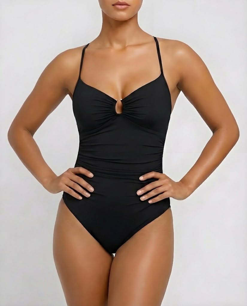 SKAYS Women's One Piece Swimsuit Tummy Control Modest Full Coverage Slimming Ruched Cross Back Straps Bathing Suit