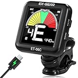 EX-GEAR Professional Guitar Tuner Clip On, Quick & Accurate Tuning with Large LCD Screen, 360° Rotatable Rechargeable Acoustic Guitar Electric Guitar Bass Ukulele & Chromatic Tuner