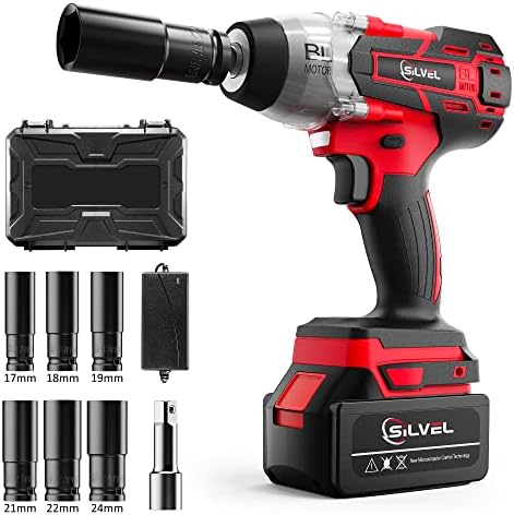 SILVEL 21V Cordless Impact Wrench 1/2 inch, 517 Ft-lbs (700N.m) Max Torque, Brushless Impact Driver with 1.5Ah Li-ion Battery, Charger, 6 Sockets, Extension Bar, Power Impact Gun for Car Home