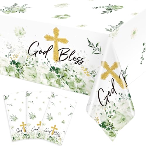 Image of Ganeen 3 Pcs Green God Bless Baptism Tablecloth Disposable Plastic Table Covers First Holy Communion Waterproof Tablecloths for Christening Celebration Baby Shower Religious Decor, 54 x 108 Inch